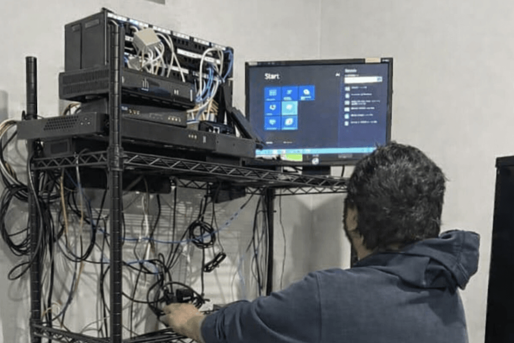 Technician organizing and troubleshooting networking and server equipment in a structured IT rack environment.
